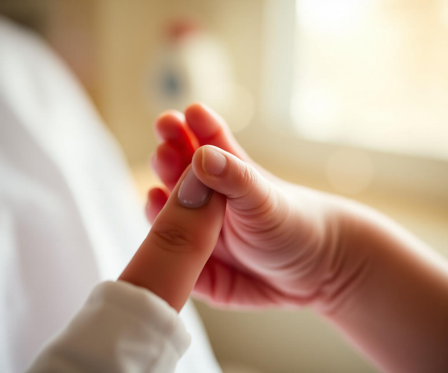 A premature baby's tiny hand holding a parent's finger in warm hospital light